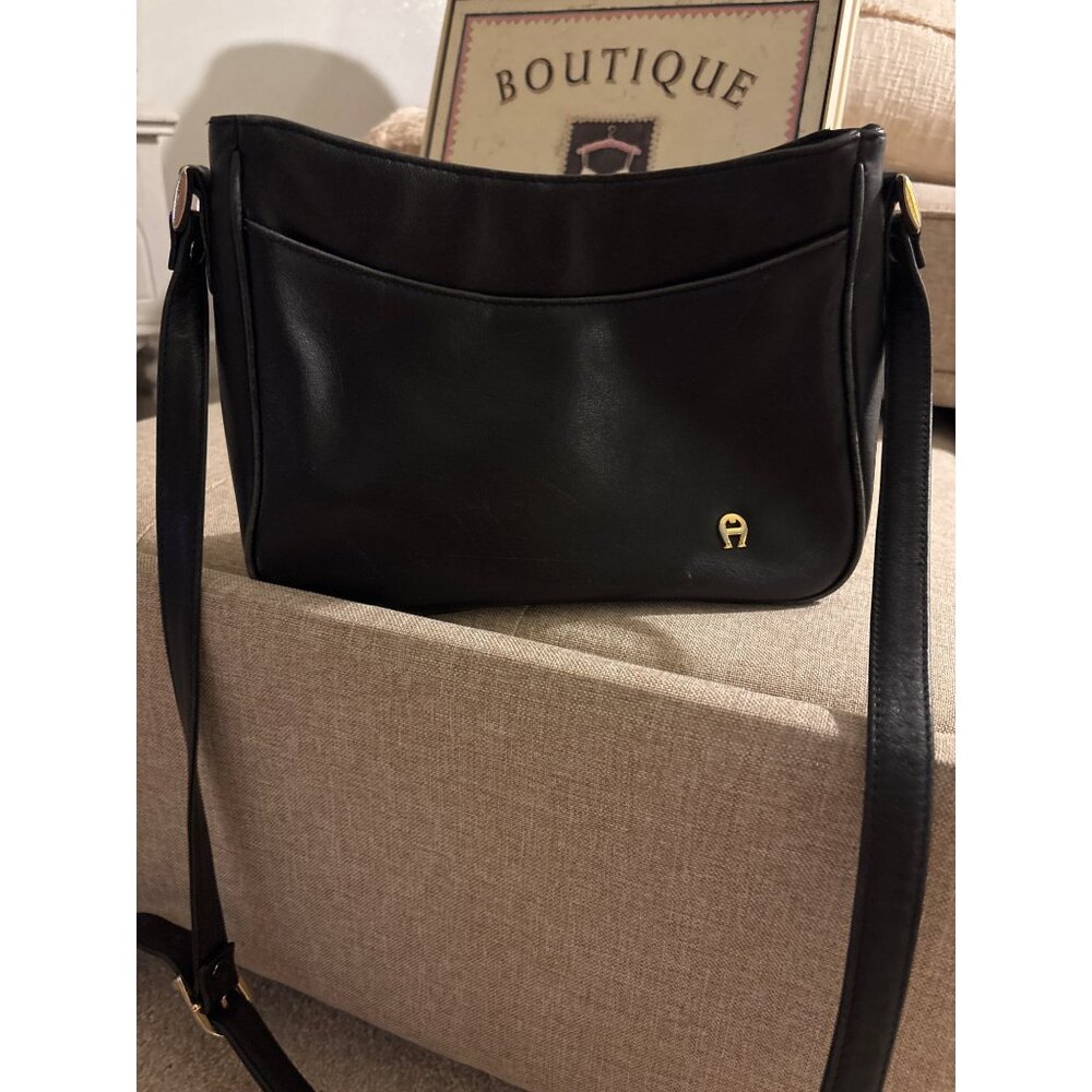 Vintage Etienne Aigner Black Leather Crossbody Bag With Gold Logo Accent